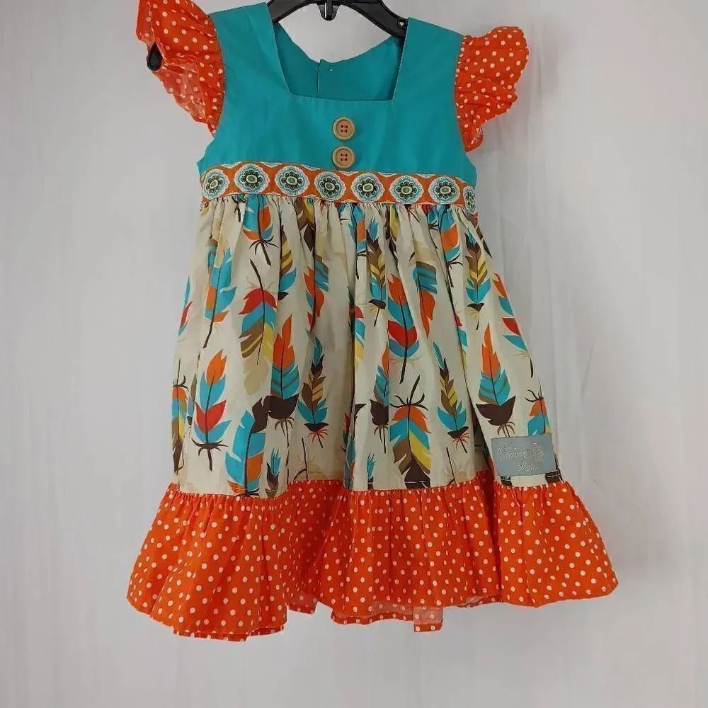 Eleanor Rose Feather Dress Turquoise Orange Polka Dot Toddler Girls Size 2T.